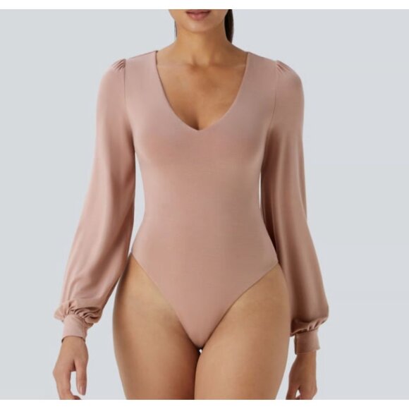Halara V Neck Long Sleeve Button Work Bodysuit Sz Large Womens Pink - Picture 9 of 9